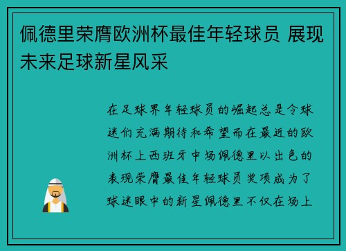 佩德里荣膺欧洲杯最佳年轻球员 展现未来足球新星风采
